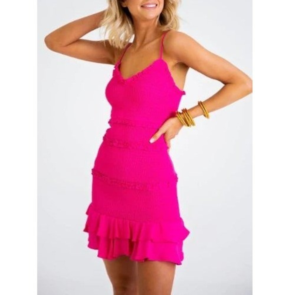 Pookie & Sebastian Pink Smocked Ruffle Sleeveless Tiered Casual Mini Dress Small